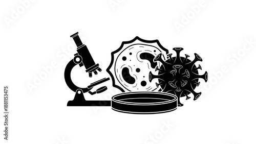 Microscope with petri dish and virus model laboratory table