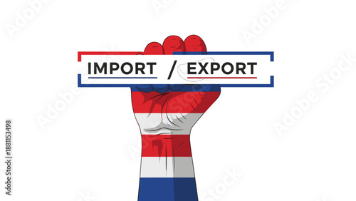 Hand holding a flag with import and export symbols