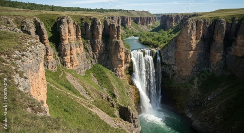 A stunning canyon with a cascading waterfall plunging into a river, lush greenery