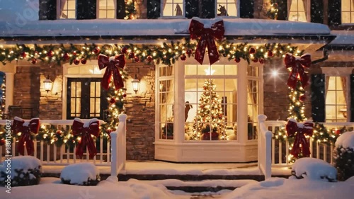 Wallpaper Mural Festive Christmas decorated house exterior with snow and glowing lights at dusk, winter holiday season scene Torontodigital.ca