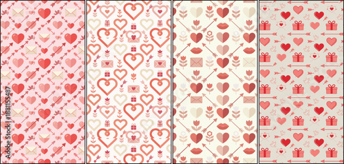 Set of four seamless romantic patterns with hearts and love motifs for Valentine's Day