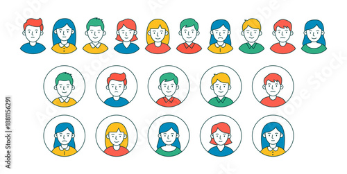 Set of colorful user avatar icons, male and female profiles in flat style, portraits in circles for social network, app interface, contacts, team members and online community design.