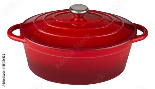 Red enameled cast iron dutch oven pot with lid isolated on transparent background.
