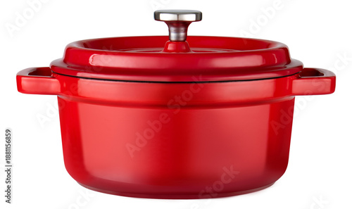 Red enameled cast iron dutch oven pot with lid isolated on transparent background.