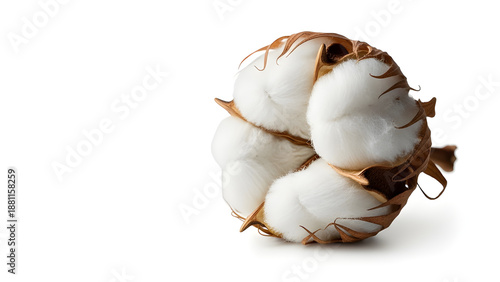 Cotton boll starting to open, captured in macro detail with organic fibers and natural contrast. Isolated on White background