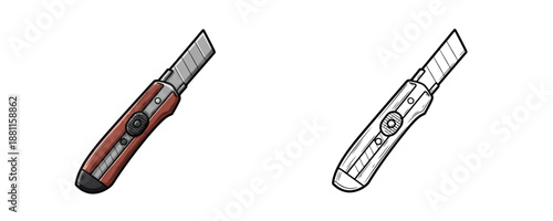Utility knife with retractable blade in cartoon and sketch style with brown handle and sharp metal edge used for construction and craft work isolated on white background