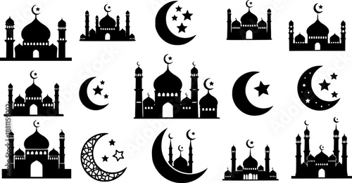 Set of six black moon silhouettes featuring mosque domes stars and hanging lanterns perfect for ramadan and eid greeting elements
