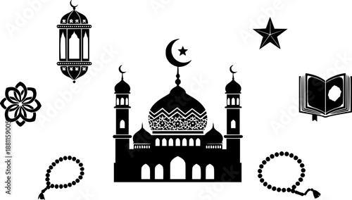 Set of six black moon silhouettes featuring mosque domes stars and hanging lanterns perfect for ramadan and eid greeting elements

