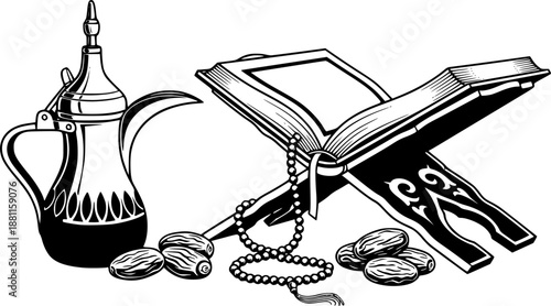 Quran Holy Book on Rehal Stand with Arabic Coffee Pot, Dates, and Prayer Beads and Black and White Illustration
