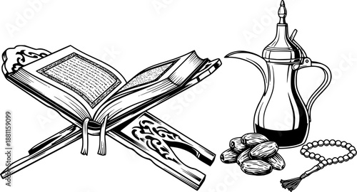 Quran Holy Book on Rehal Stand with Arabic Coffee Pot, Dates, and Prayer Beads and Black and White Illustration
