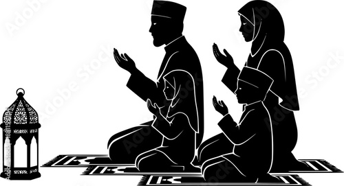 Silhouette of a Muslim family praying together, depicting a father, mother, and two children in a religious setting with a lantern.
