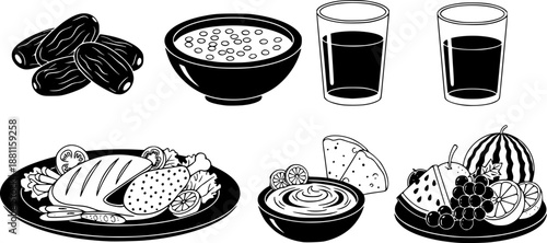 Iftar healthy food icons flat vector illustration set
