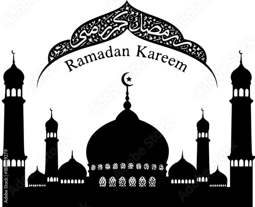 A silhouette of a mosque with a crescent moon and stars featuring the text ramadan kareem in bold lettering high-quality
