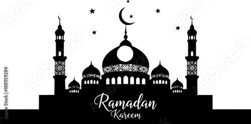 A silhouette of a mosque with a crescent moon and stars featuring the text ramadan kareem in bold lettering high-quality

