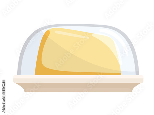 A piece of butter in a glass butter dish. Flat vector clipart, illustration with isolated background.
