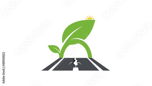 A green plant growing out of a road crack with a sprouting leaf and a shining sun in the background