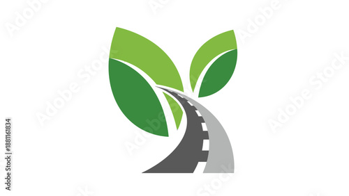 A winding road with green leaves sprouting from it, symbolizing growth and harmony with nature, viewed from a straightforward perspective.