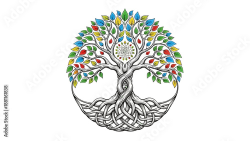 A vibrant tree with colorful leaves and intertwined roots, symbolizing growth and unity, in a circular illustration, viewed from directly above.