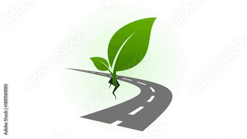 Green leaves sprouting from a winding road, symbolizing growth and progress on a journey forward
