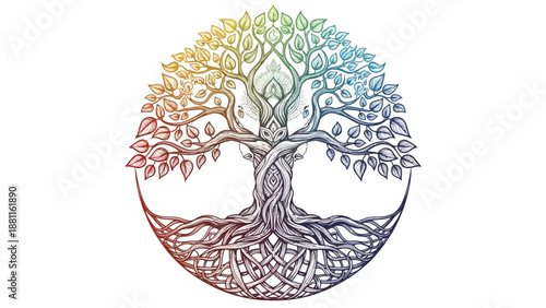 A colorful tree with intricate roots and branches, symbolizing growth and harmony in a circular illustration