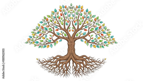 Vibrant tree with colorful leaves and sprawling roots, a symbol of growth and nature viewed from the side.