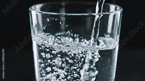 Crystal clear water is gracefully poured into a transparent glass creating dynamic splashes and effervescent bubbles against a stark black background symbolizing purity refreshment and healthy hydrat.