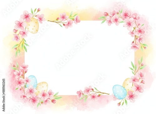 Watercolor floral frame with cherry blossoms and Easter eggs on a pastel background