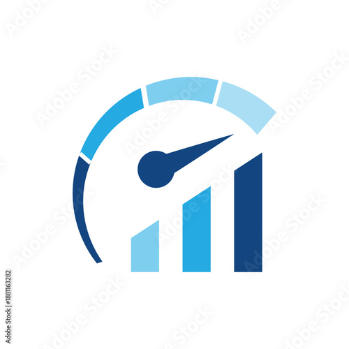 this is a modern logo design that depicts a graph bar with a speedometer in blue color in flat design