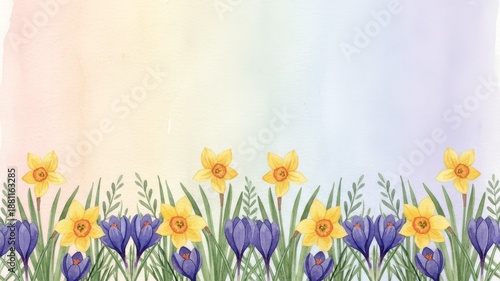 Watercolor floral border with daffodils and crocuses on a pastel gradient background