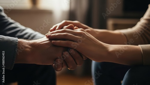 A person comforting another person with a supportive hand on their arm in a moment of empathy and care.