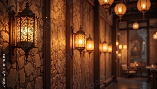 Ornate antique lanterns illuminate a dimly lit hallway with stone and wood textured walls