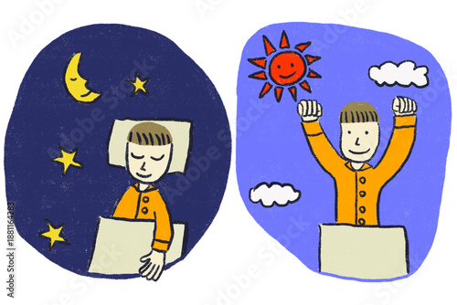 Slika na platnu Healthy lifestyle illustration of a boy who goes to bed early and wakes up early