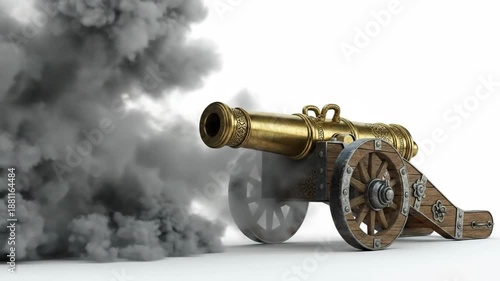 Vintage cannon firing with smoke and fire, isolated on white background, creating a dynamic scene.