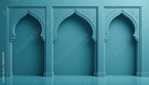 Three ornate pointed arches form a repeating architectural facade in a monochromatic setting
