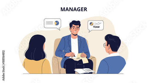 Manager leading a team meeting, discussing charts and strategy