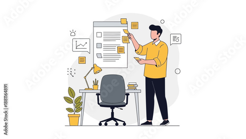 Man Organizing Tasks on a Board, Business Planning and Productivity Concept