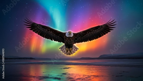 A majestic eagle flies gracefully under vibrant aurora lights, evoking freedom and wonder. Perfect for nature and inspiration themes.
