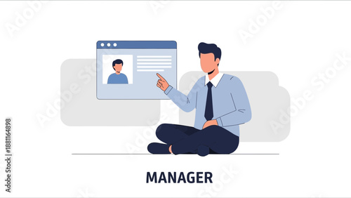 Man pointing at profile on computer screen, business concept, flat design illustration