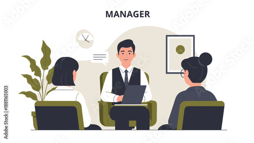 Manager leading a meeting with employees, teamwork and business concept
