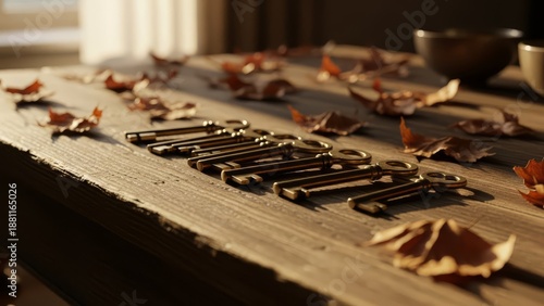 A warm, nostalgic scene with antique keys and autumn leaves, perfect for evoking memories and history in personal or professional projects.