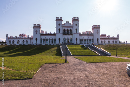 Photography Belorussian tourist landmark attraction - old ancient Kosovo Castle and park complex at summer season