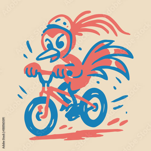 Cute bird riding bicycle cartoon illustration