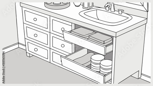 Vector illustration of a sketch showing a modern kitchen interior with wooden furniture, a 3d desk, cabinets, and a lamp in an empty apartment room design