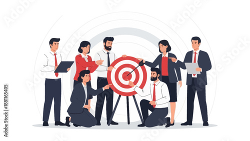 Teamwork business goal achievement, people aiming at target with arrow illustration