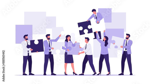 Teamwork Collaboration Puzzle Pieces Business People Assembling Strategy
