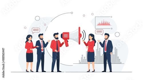 Teamwork communication concept, business people with megaphone and charts