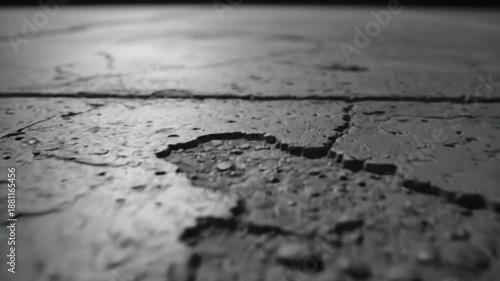 Low angle close-up of a damaged, weathered, and cracked concrete surface on a sunny day