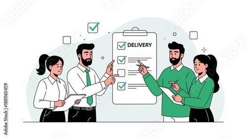 Teamwork for successful delivery, checklist and planning, business concept illustration