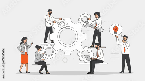 Teamwork Concept: Diverse People Collaborating on a Gear Mechanism