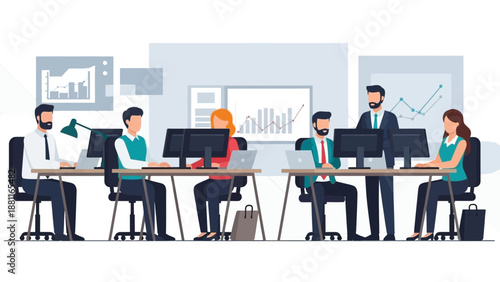 Teamwork in modern office with data analytics and charts